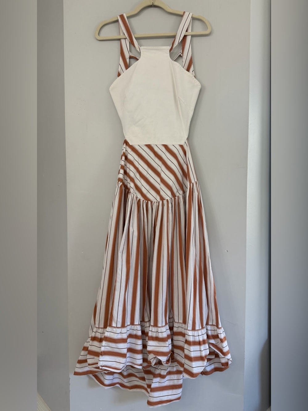 Rosie Assoulin backless cutout midi dress white bodice striped skirt women’s 8 - Picture 3 of 7